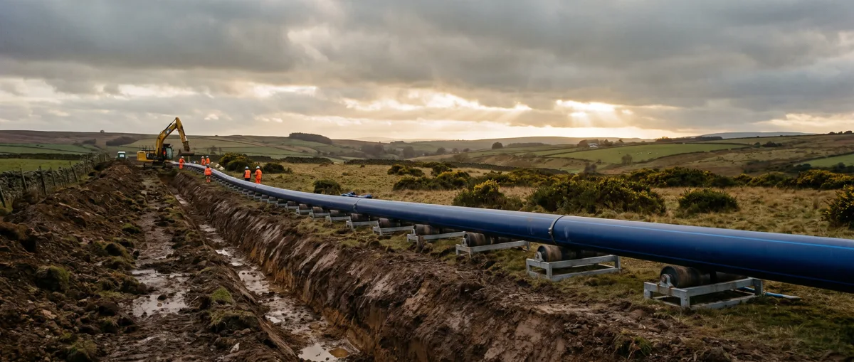 A long string of blue PE water main on pipe rollers beside an open trench, running across open countryside