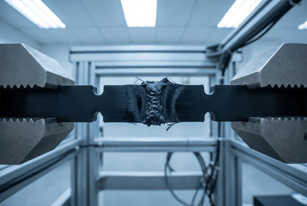 A fusion joint test strip held in the grips of a tensile test machine after testing